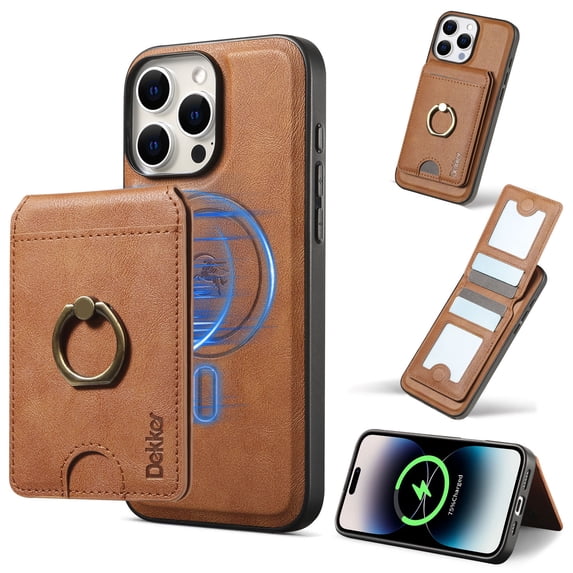 ELEHOLD Case for iPhone 14 Pro, 2-in-1 Magetic Detachable Leather Wallet Case with Card Holders & Ring Hold,Brown