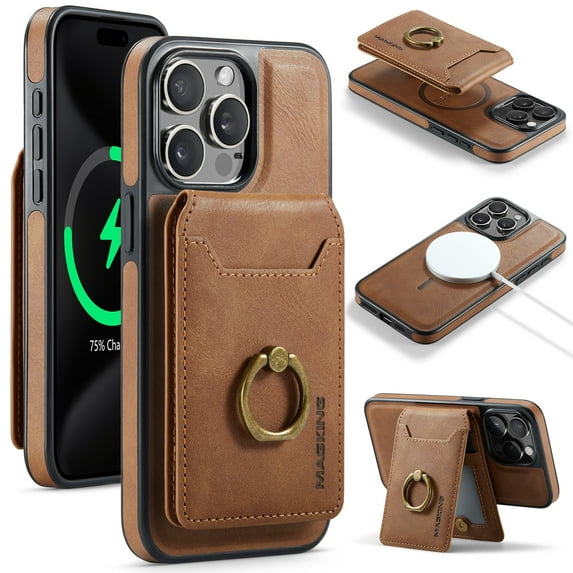 ELEHOLD Case for iPhone 14 Pro, Detachable RFID Magnetic Wallet Case with Ring Stand & Card Holder,Brown