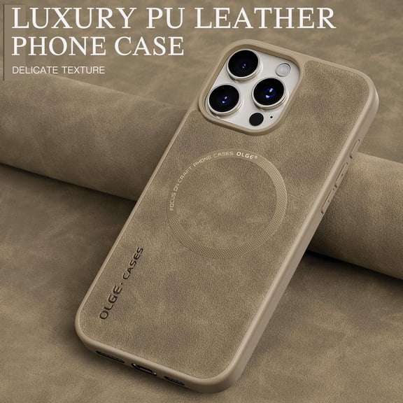 ELEHOLD Case for iPhone 14 Pro, Luxury Faux Leather Shockproof Case, Magnetic Car Mount Compatible,Desertgold
