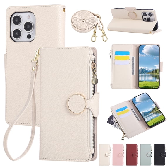 ELEHOLD Case for iPhone 14 Pro Max, Crossbody Wallet Phone Case with Zipper Card Holder, Detachable Strap Folio PU Leather Cover with Stand,Beige
