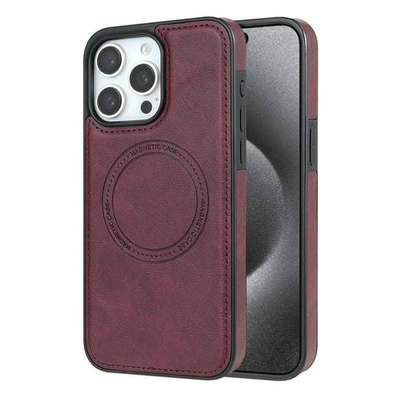 ELEHOLD Case for iPhone 14 Pro Max, Shockproof Slim Magnetic Leather Case, Compatible with MagSafe Accessories,Winered
