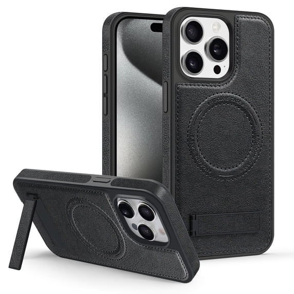 ELEHOLD Case for iPhone 14 Pro Max, Soft Luxury Leather Business Magnetic Case with Invisible Stand Compatible with Magsafe Accessory,Black