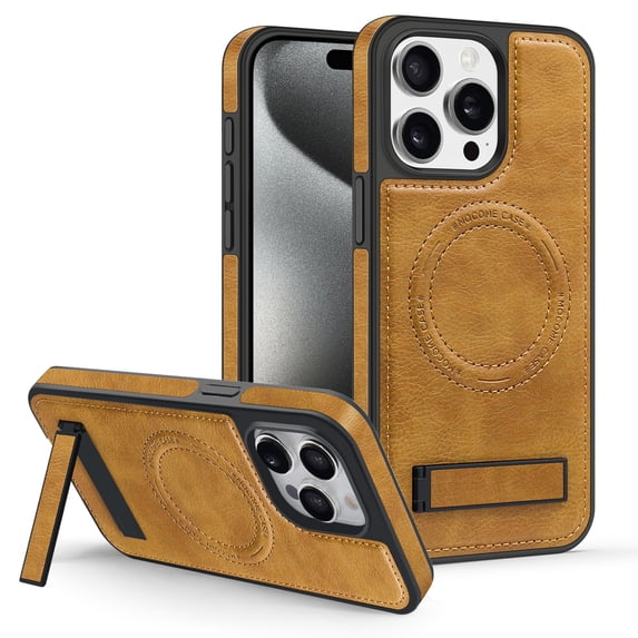 ELEHOLD Case for iPhone 14 Pro Max, Soft Luxury Leather Business Magnetic Case with Invisible Stand Compatible with Magsafe Accessory,Brown