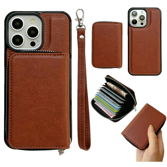 ELEHOLD Case for iPhone 14 Pro, PU Leather Zipper Detachable Wallet Case with Card Holder & Strap, Compatible with MagSafe Accessories,Brown