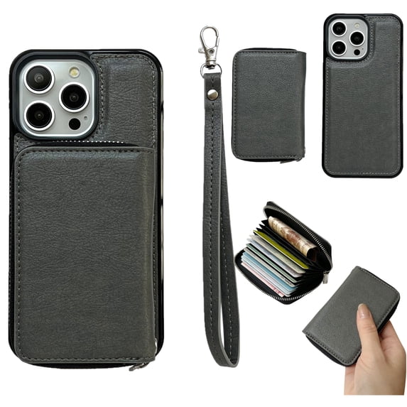 ELEHOLD Case for iPhone 14 Pro, PU Leather Zipper Detachable Wallet Case with Card Holder & Strap, Compatible with MagSafe Accessories,Gray
