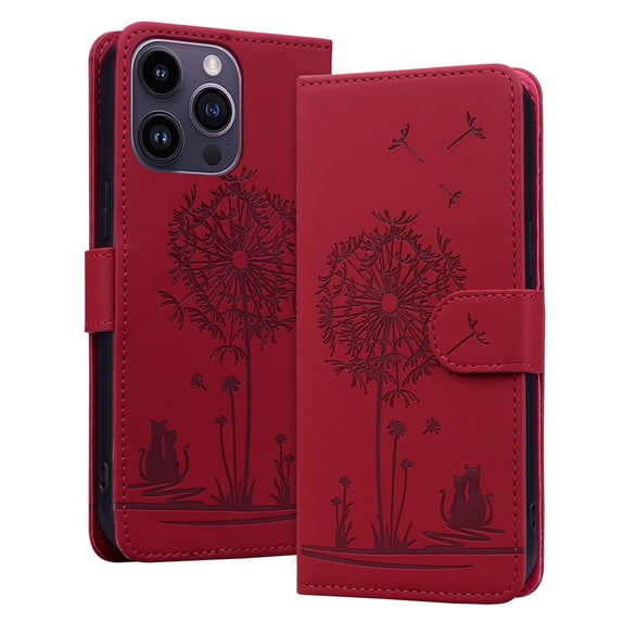 ELEHOLD Case for iPhone 14 Pro, Premium PU Leather Wallet Flip Case Folio Cover with Card Holder Kickstand,Red