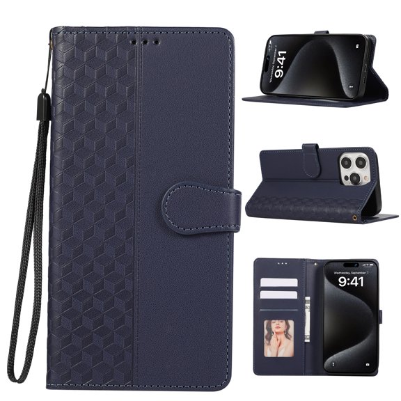 ELEHOLD Case for iPhone 14 Pro Shockproof Flip PU Leather Wallet Magmetic Buckle Case with Card Holder Slots Stand & Wrist Strap,Blue