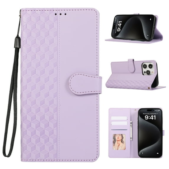 ELEHOLD Case for iPhone 14 Pro Shockproof Flip PU Leather Wallet Magmetic Buckle Case with Card Holder Slots Stand & Wrist Strap,Purple