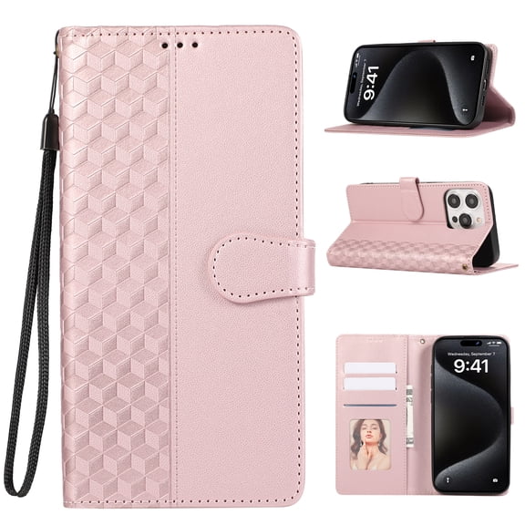 ELEHOLD Case for iPhone 14 Pro Shockproof Flip PU Leather Wallet Magmetic Buckle Case with Card Holder Slots Stand & Wrist Strap,Rosegold