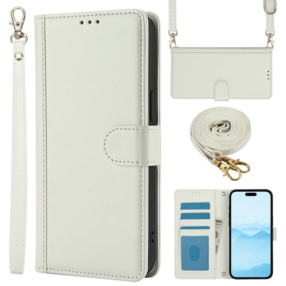 ELEHOLD Case for iPhone 14 Pro, Shockproof PU Leather Crossbody Wallet Stand Case with Credit Card Holder & Wrist Strap,White