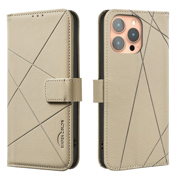 ELEHOLD Case for iPhone 14, RFID Blocking Leather Wallet Case, Flip Cover with Card Slots & Stand,Beige