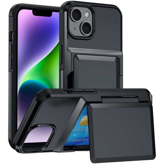 ELEHOLD Case for iPhone 14, Shockproof Heavy Duty Wallet Case with Hidden Card Holder for Women & Men,Black