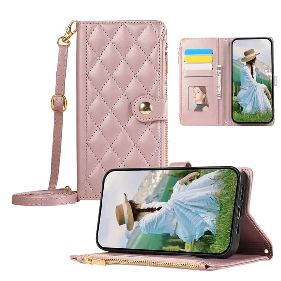 ELEHOLD Case for iPhone 14, Shockproof PU Leather Zipper Wallet Case with Card Holder & Crossbody Lanyard & Wrist Strap,Rosegold