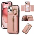 thumbnail image 1 of ELEHOLD Case for iPhone 14, Zipper Leather Wallet Crossbody Case with Detachable Ring Kickstand & Card Slots,Rosegold, 1 of 9