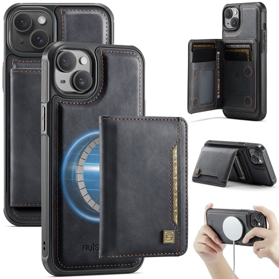 ELEHOLD Case for iPhone 15, 2-in-1 Detachable Magnetic Leather Wallet Case with RFID Blocking,Black
