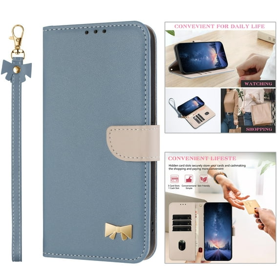 ELEHOLD Case for iPhone 15, Fashionable Leather Wallet Case with Card Slots & Kickstand,Detachable Shoulder Strap & Wrist Strap,Blue