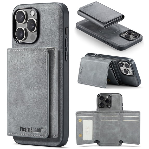 ELEHOLD Case for iPhone 15, Faux Leather TPU Back Shockproof Anti-Scratch Flip Stand Magnetic Datachable Card Cash Slots Wallet Case, Gray