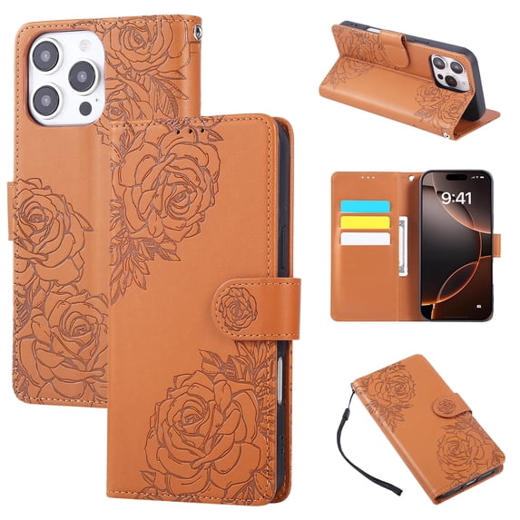 ELEHOLD Case for iPhone 15, Flower Embossed Flip Leather Wallet Phone Case with 3 Card Slots & Wrist Strap,Brown