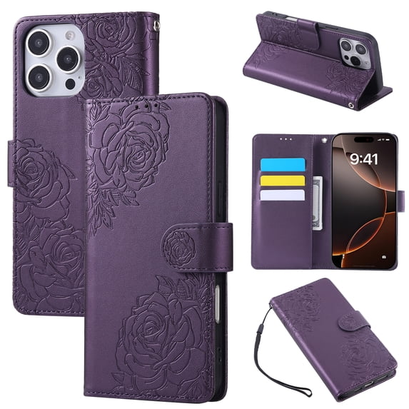 ELEHOLD Case for iPhone 15, Flower Embossed Flip Leather Wallet Phone Case with 3 Card Slots & Wrist Strap,Darkpurple