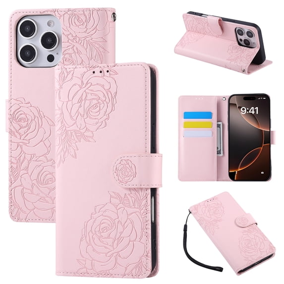 ELEHOLD Case for iPhone 15, Flower Embossed Flip Leather Wallet Phone Case with 3 Card Slots & Wrist Strap,Rosegold