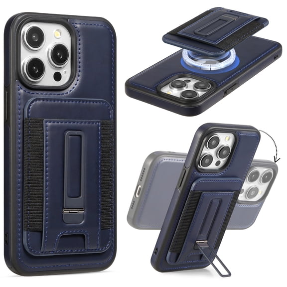 ELEHOLD Case for iPhone 15, Leather Case with Magnetic Split Credit Card Holder & Stand,Darkblue