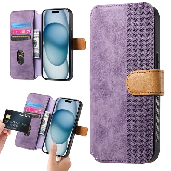 ELEHOLD Case for iPhone 15,Leather Wallet RFID Blocking Case with Wrist Strap & Card Holder Stand,Purple