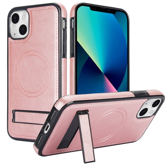 ELEHOLD Case for iPhone 15, Luxury PU Leather Anti-Scratch Magnetic Case with Invisible Kickstand for MagSafe Accessory,Rosegold