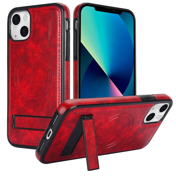 ELEHOLD Case for iPhone 15, Luxury PU Leather Anti-Scratch Magnetic Case with Invisible Kickstand for MagSafe Accessory,Winered