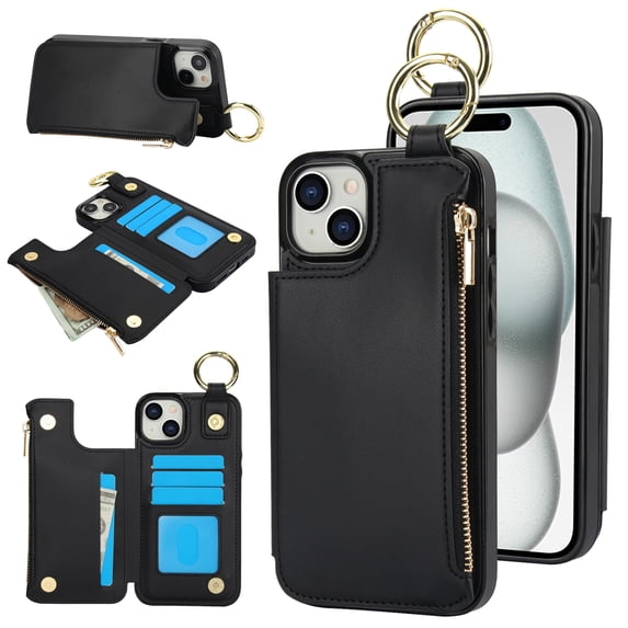 ELEHOLD Case for iPhone 15, Magnetic Closure Kickstand Zipper Wallet Case with 3 Card Slots & Ring Holder,Shockproof RFID Blocking Phone Case,Black