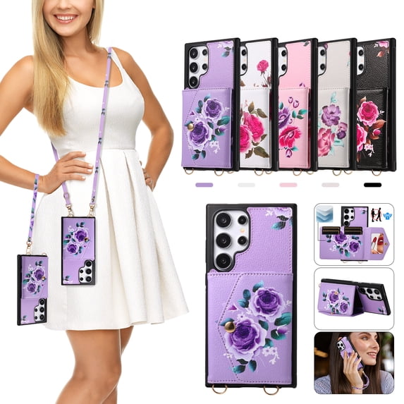 ELEHOLD Case for iPhone 15 Plus, Detachable Crossbody Leather Wallet Mirror RFID Blocking Case with Card Holder & Kickstand,Purple