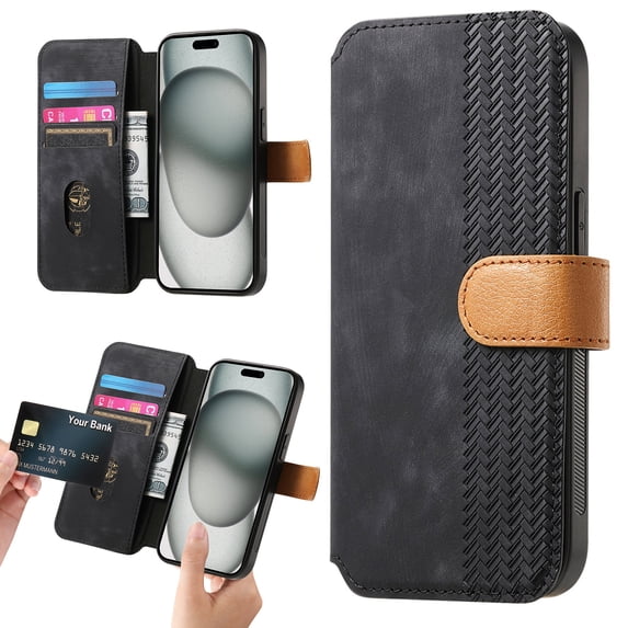 ELEHOLD Case for iPhone 15 Plus,Leather Wallet RFID Blocking Case with Wrist Strap & Card Holder Stand,Black