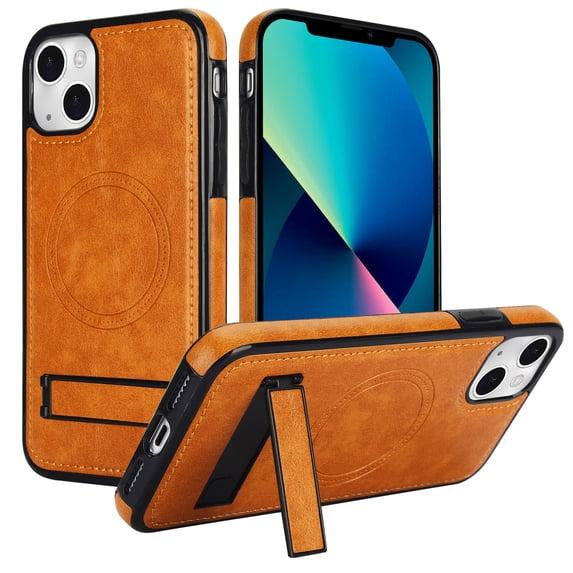 ELEHOLD Case for iPhone 15 Plus, Luxury PU Leather Anti-Scratch Magnetic Case with Invisible Kickstand for MagSafe Accessory,Khaki