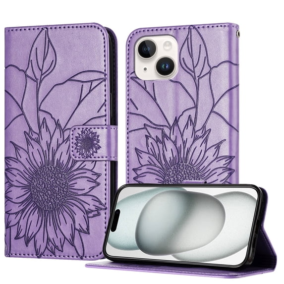 ELEHOLD Case for iPhone 15 Plus, Sunflower Embossed Leather Wallet Case with Magnetic Closure & Kickstand,Purple