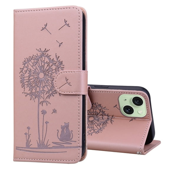 ELEHOLD Case for iPhone 15, Premium PU Leather Wallet Flip Case Folio Cover with Card Holder Kickstand,Rosegold