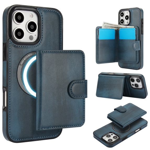 ELEHOLD Case for iPhone 15 Pro, 2-in-1 Magnetic Shockproof Leather Wallet Flip Case Cover, Detachable Card Holder with Stand,Blue