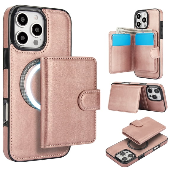 ELEHOLD Case for iPhone 15 Pro, 2-in-1 Magnetic Shockproof Leather Wallet Flip Case Cover, Detachable Card Holder with Stand,Rosegold