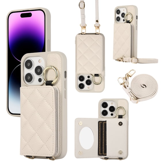 ELEHOLD Case for iPhone 15 Pro,Detachable Lanyard Crossbody Leather Wallet Case with Ring Holder & Mirror,White