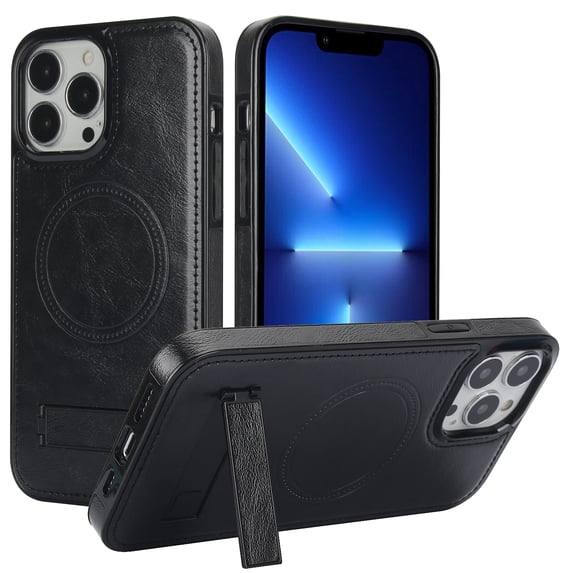 ELEHOLD Case for iPhone 15 Pro, Luxury PU Leather Anti-Scratch Magnetic Case with Invisible Kickstand for MagSafe Accessory,Black