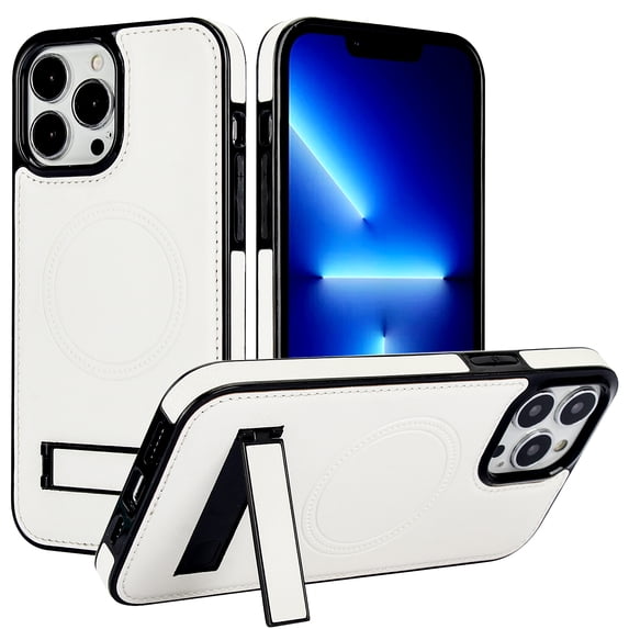 ELEHOLD Case for iPhone 15 Pro, Luxury PU Leather Anti-Scratch Magnetic Case with Invisible Kickstand for MagSafe Accessory,White