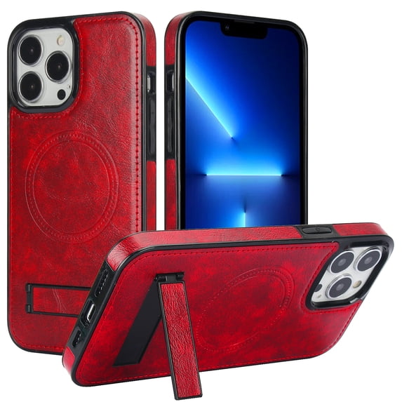 ELEHOLD Case for iPhone 15 Pro, Luxury PU Leather Anti-Scratch Magnetic Case with Invisible Kickstand for MagSafe Accessory,Winered