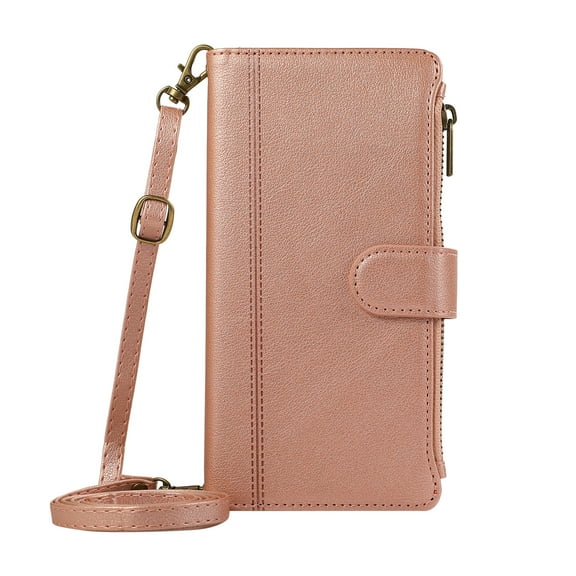 ELEHOLD Case for iPhone 15 Pro, Luxury Zipper Leather Wallet Crossbody Phone Case with Wrist Strap & Folio Stand,Rosegold