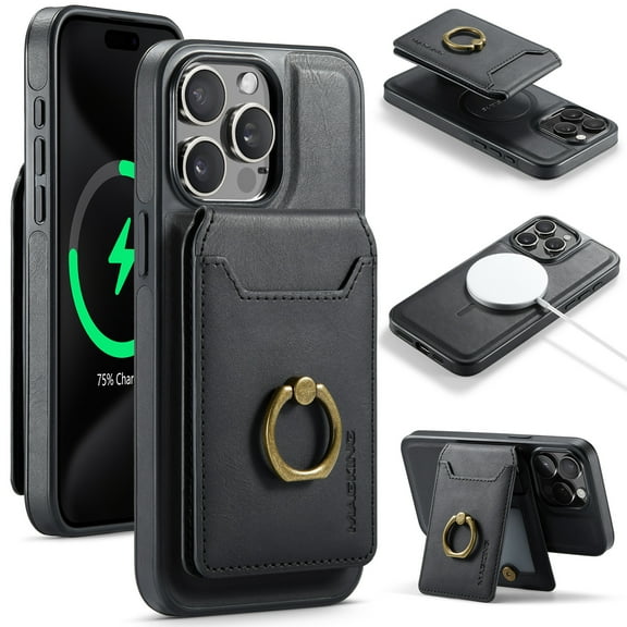 ELEHOLD Case for iPhone 15 Pro Max, Detachable RFID Magnetic Wallet Case with Ring Stand & Card Holder,Black