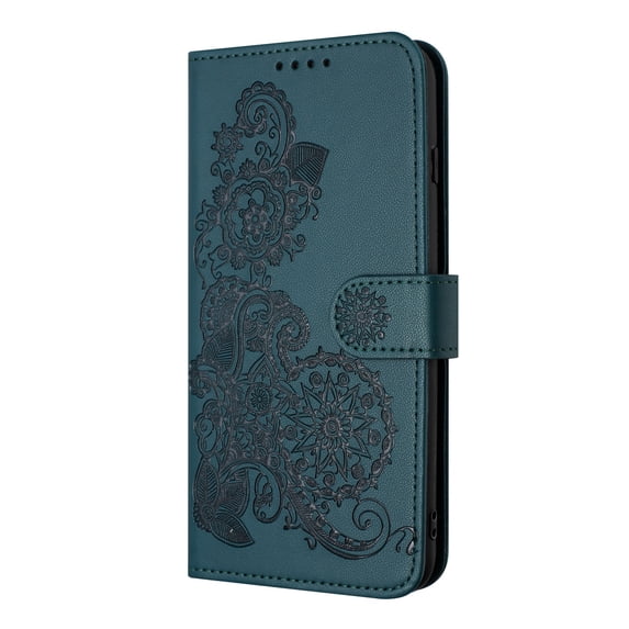 ELEHOLD Case for iPhone 15 Pro Max, Luxury Floral PU Leather Wallet Case with Card Holder Stand & Wrist Strap,Darkgreen
