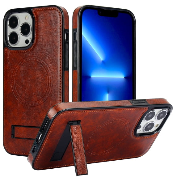 ELEHOLD Case for iPhone 15 Pro Max, Luxury PU Leather Anti-Scratch Magnetic Case with Invisible Kickstand for MagSafe Accessory,Brown