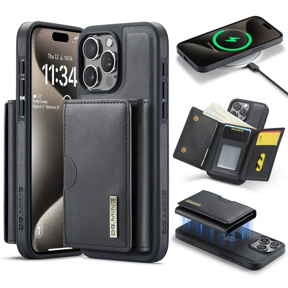 ELEHOLD Case for iPhone 15 Pro Max, Magnetic 2 in 1 Detachable Leather Wallet Case with Card Holder & Stand,Black