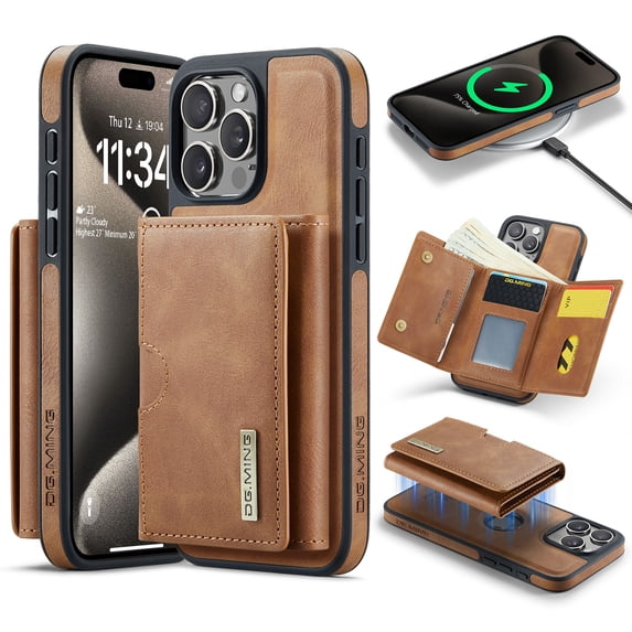 ELEHOLD Case for iPhone 15 Pro Max, Magnetic 2 in 1 Detachable Leather Wallet Case with Card Holder & Stand,Brown