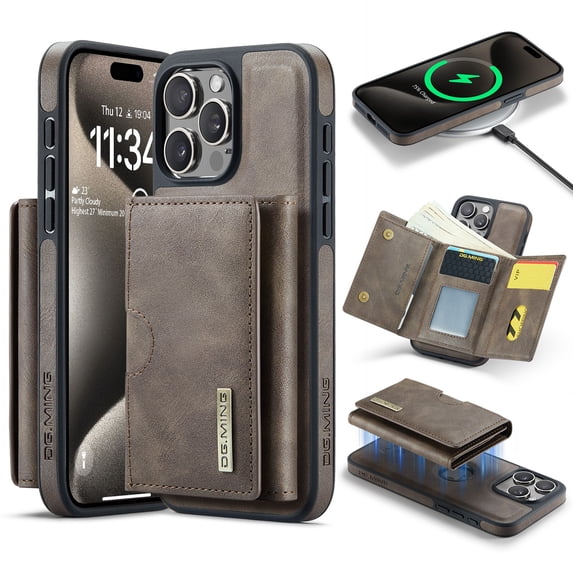 ELEHOLD Case for iPhone 15 Pro Max, Magnetic 2 in 1 Detachable Leather Wallet Case with Card Holder & Stand,Coffee