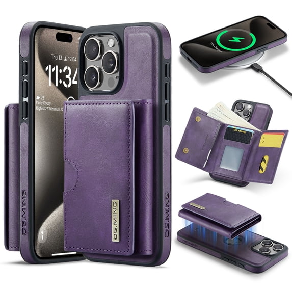 ELEHOLD Case for iPhone 15 Pro Max, Magnetic 2 in 1 Detachable Leather Wallet Case with Card Holder & Stand,Purple