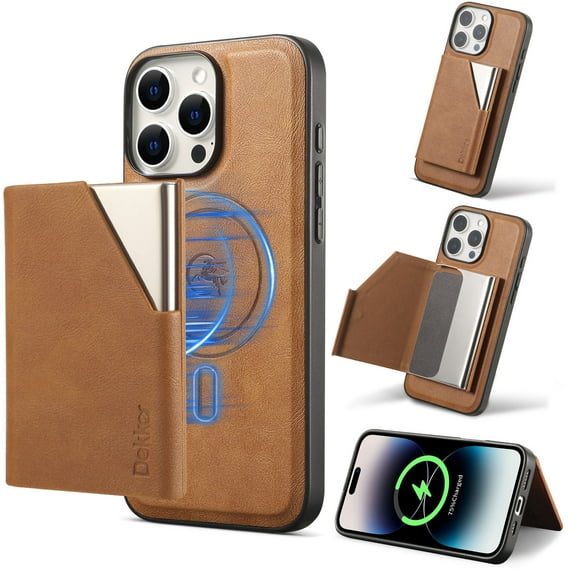 ELEHOLD Case for iPhone 15 Pro Max, Magnetic Detachable Leather Alloy Wallet Case with Card Slots,Brown