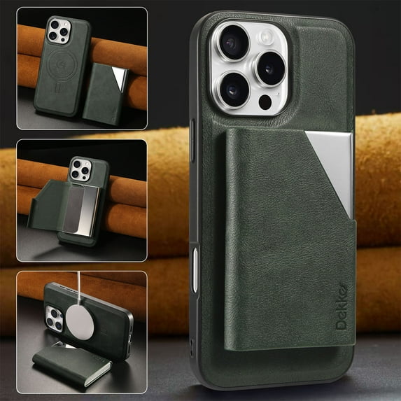 ELEHOLD Case for iPhone 15 Pro Max, Magnetic Detachable Leather Alloy Wallet Case with Card Slots,Green